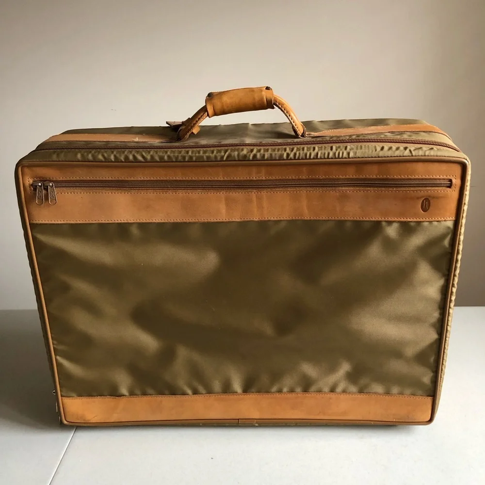 Vintage Hartmann Nylon Suitcase w/Outside Pocket In Olive w/Tan Leather Trim